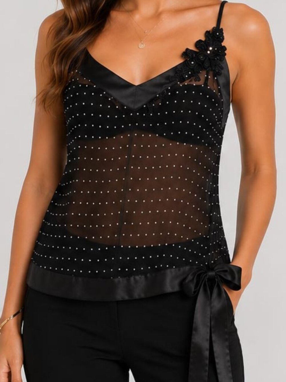 Black Sheer Chiffon Polka Dot Camisole  with Floral Sequin Appliqué
